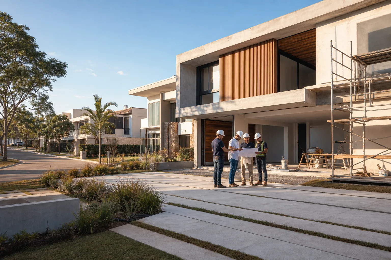 Construção e reforma residencial em Brasília com casa contemporânea em obra e equipe técnica em vistoria