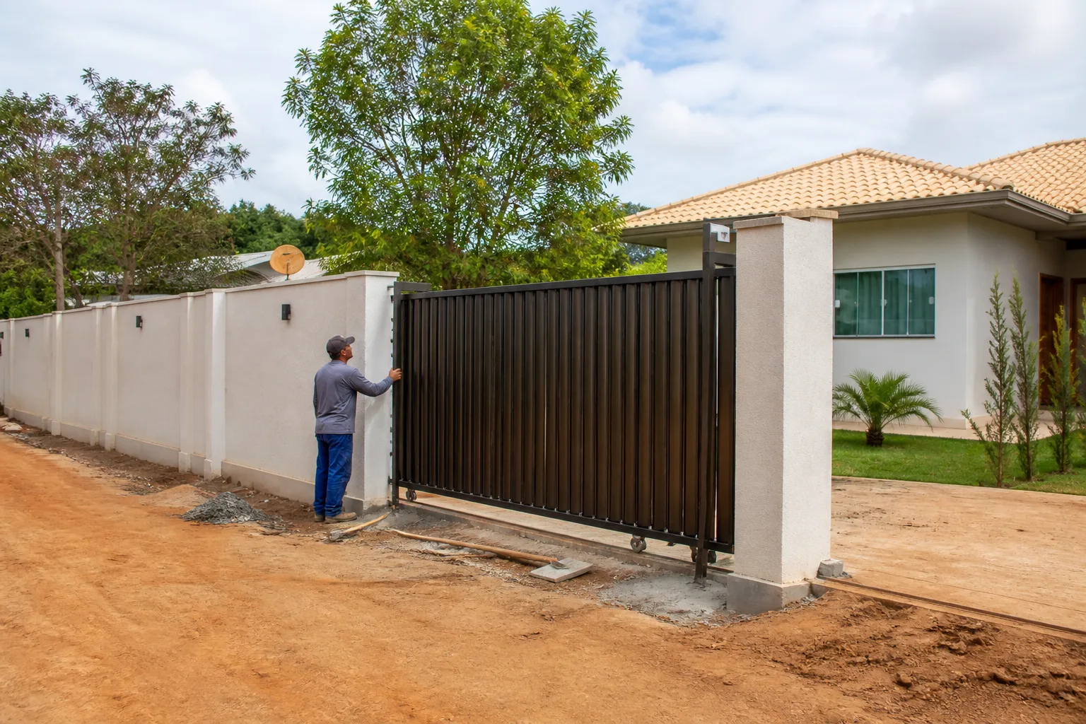 Muro e portão residencial no DF com fechamento perimetral e acesso em execução