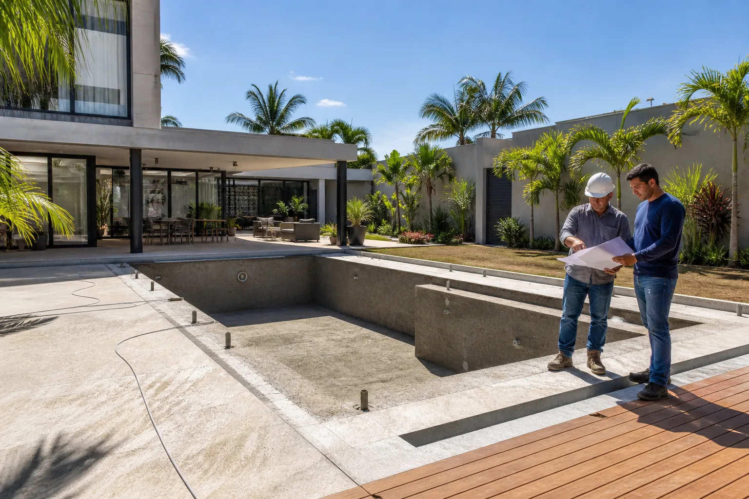 Piscina residencial integrada ao paisagismo e deck no DF