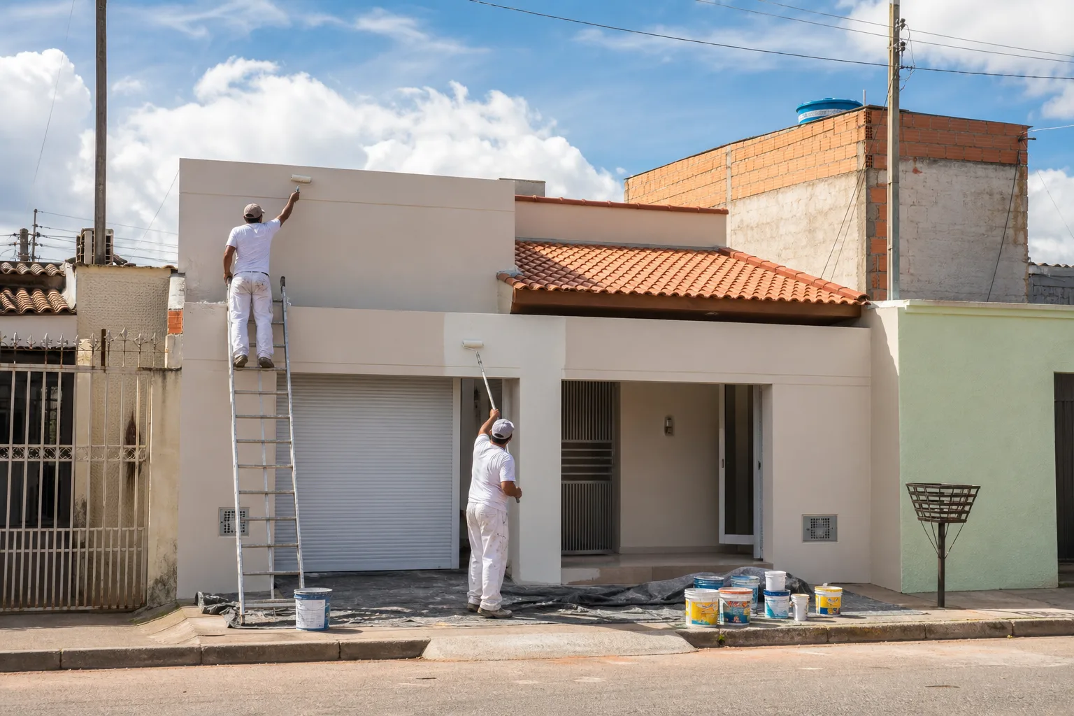 Imagem hero de pintura residencial completa com fachada atualizada e acabamento claro para páginas de serviço. Pintura residencial completa no DF com fachada urbana renovada e acabamento limpo