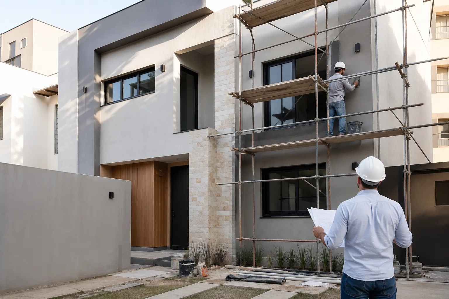 Requalificação da fachada como parte da entrega de uma reforma completa de casa. Reforma de fachada e acabamento externo complementando casa no DF