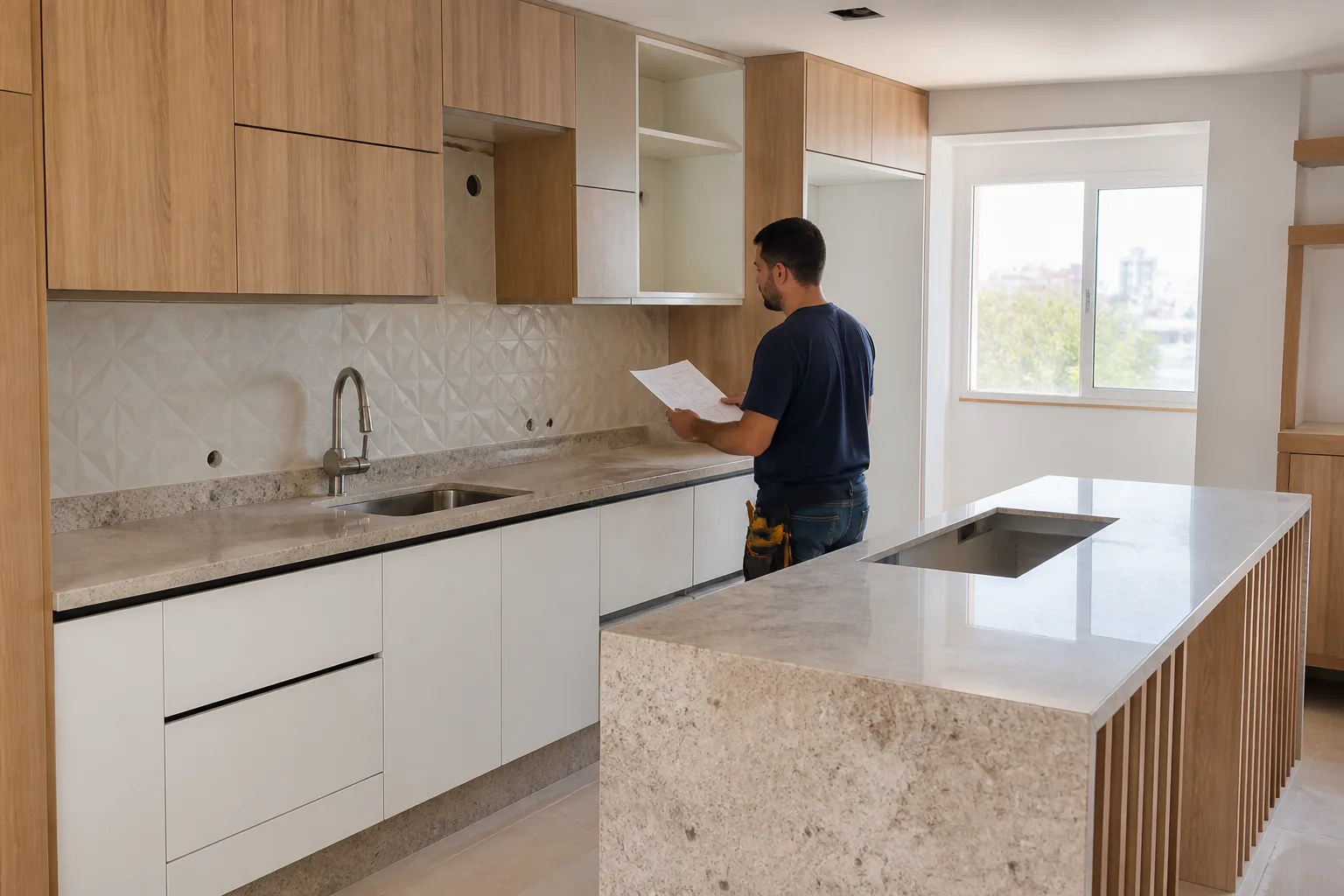 Cozinha residencial reformada com bancada e marcenaria sob medida no DF