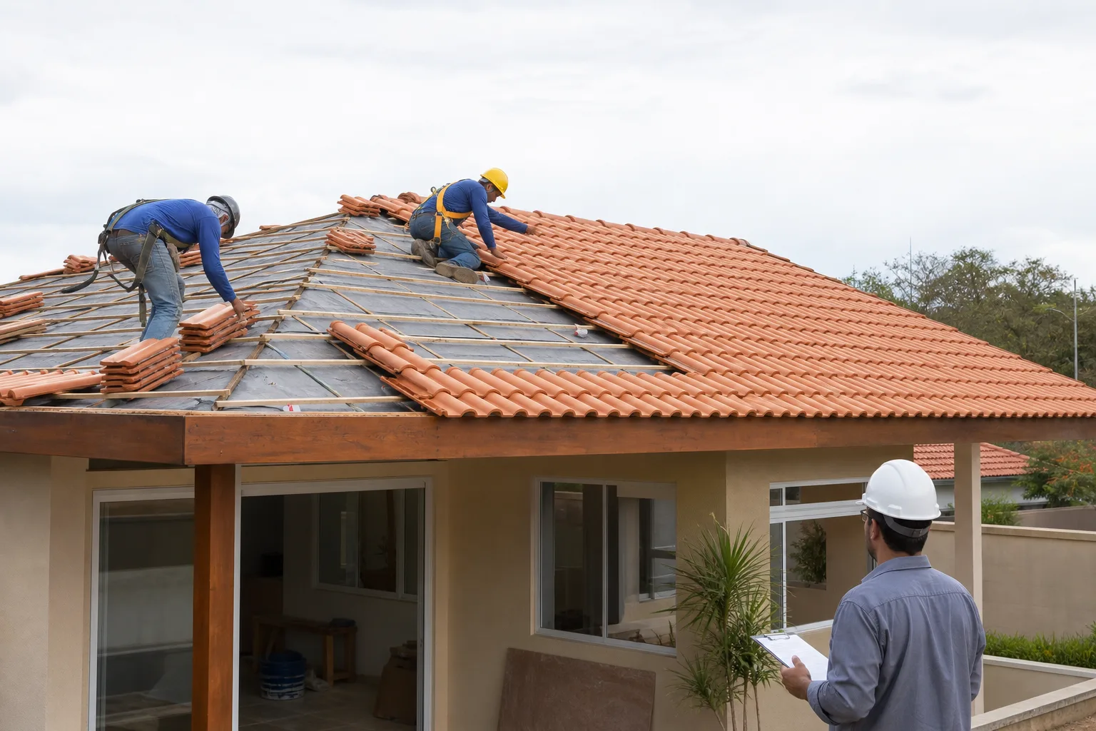 Imagem hero de reforma de telhado residencial mostrando troca de telhas e revisão completa da cobertura. Reforma de telhado no DF com substituição de telhas e revisão da cobertura