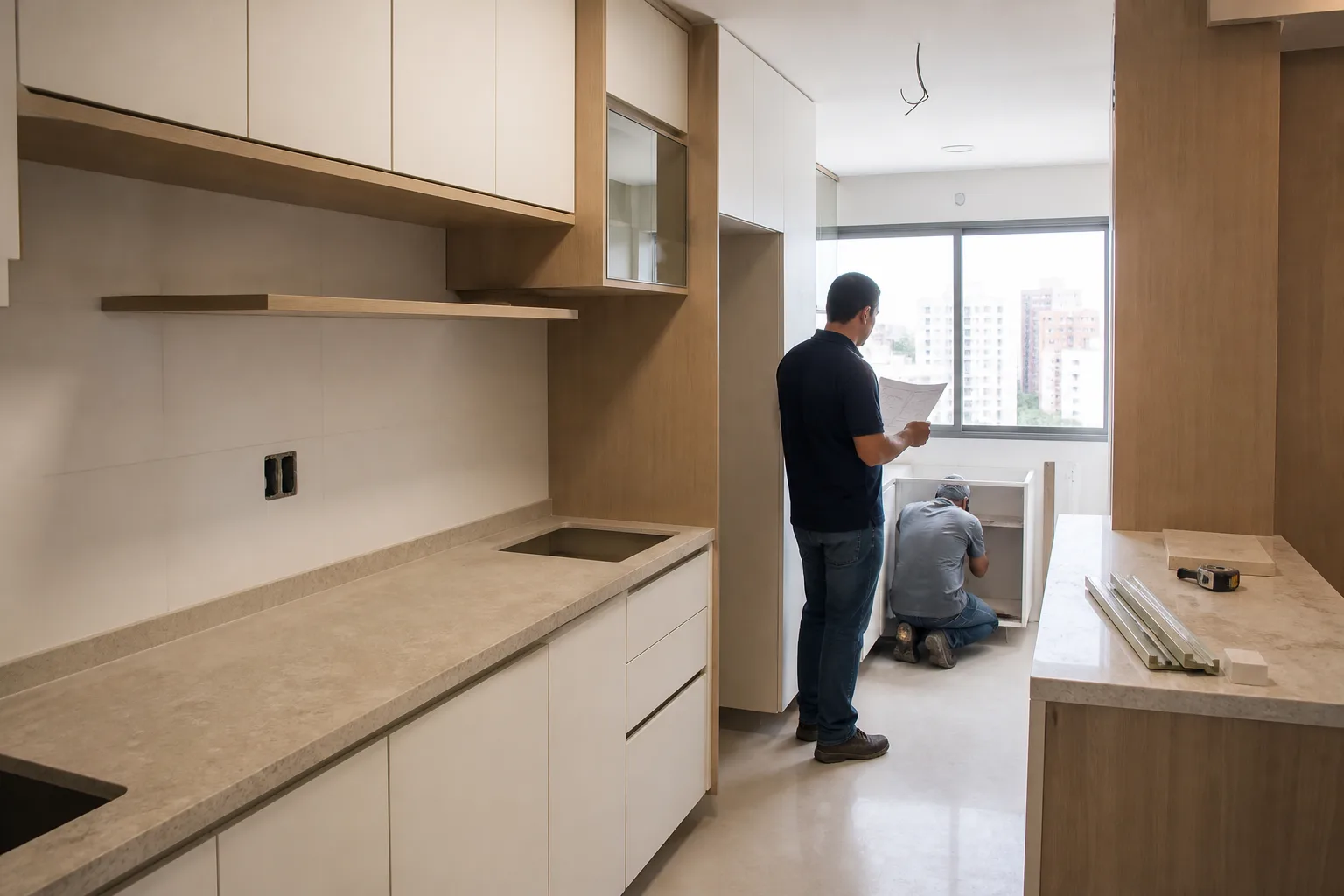 Cozinha de apartamento preparada para novos pontos elétricos e hidráulicos no DF